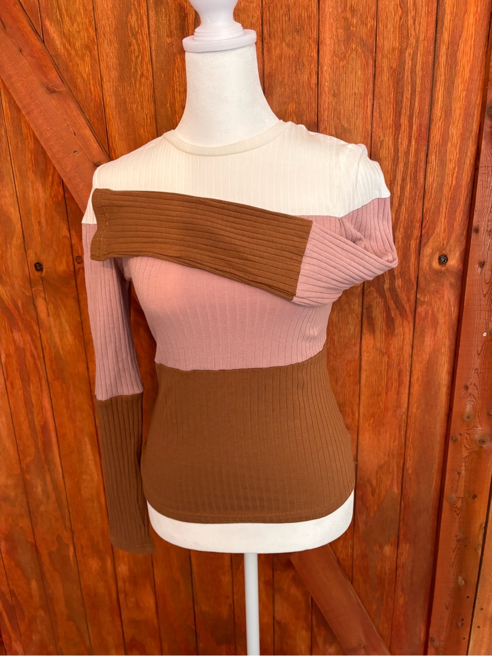 Colorblock Ribbed Long-Sleeve Top - Pink, Cream & Brown - Picture 2 of 3
